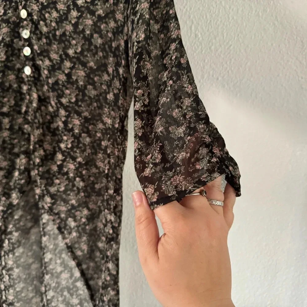 Boho Floral Kimono Blouse Sheer High Low Button Front Dressy Top Small - Picture 7 of 14